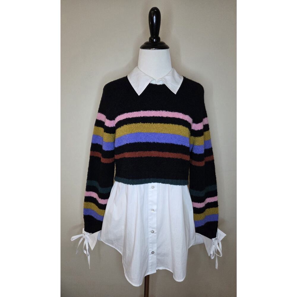 Cinq A Sept Nelida Striped Boucle Combo Sweater Black‎ Multi Sz S